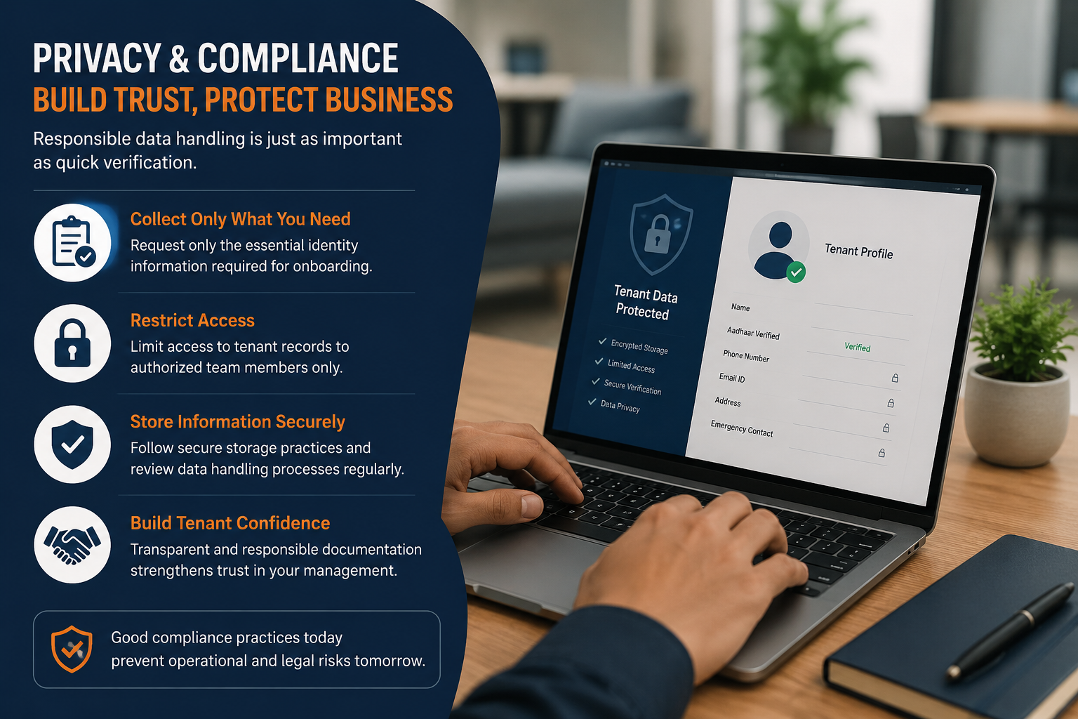 Aadhaar-Based Digital KYC, Aadhaar-Based Digital KYC: A Step-by-Step Guide for PG Owners, Rentok Property manager securely managing tenant verification records on a laptop, illustrating data privacy, Aadhaar-based digital KYC, secure document storage, and compliance for PG and rental property management.