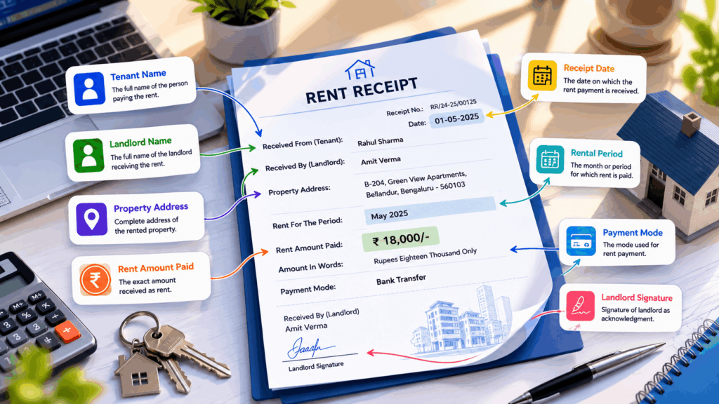 Rent Receipt Format, Rent Receipt Format India: What Every Receipt Must Include, Rentok Rent receipt format infographic for India highlighting mandatory receipt fields such as tenant name, landlord name, property address, rent paid, rental period, payment mode, receipt date, and landlord signature.