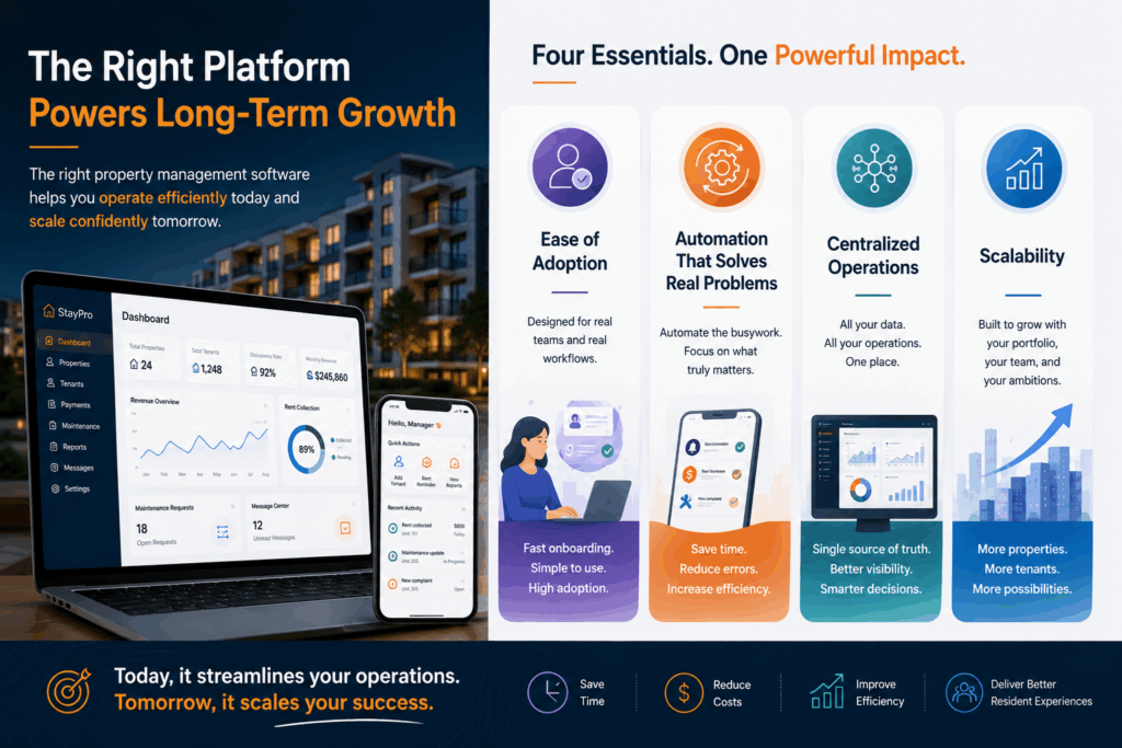 AI-Powered Property Management, Why AI-Powered Property Management Software Is the Future, Rentok Property management software infographic highlighting ease of adoption, automation, centralized operations, and scalability for long-term rental business growth.
