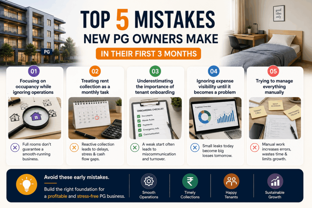 5 Mistakes New PG Owners Make, Top 5 Mistakes New PG Owners Make in Their First 3 Months, Rentok Top 5 mistakes new PG owners make infographic covering operations, rent collection, onboarding, expense tracking, and manual management.