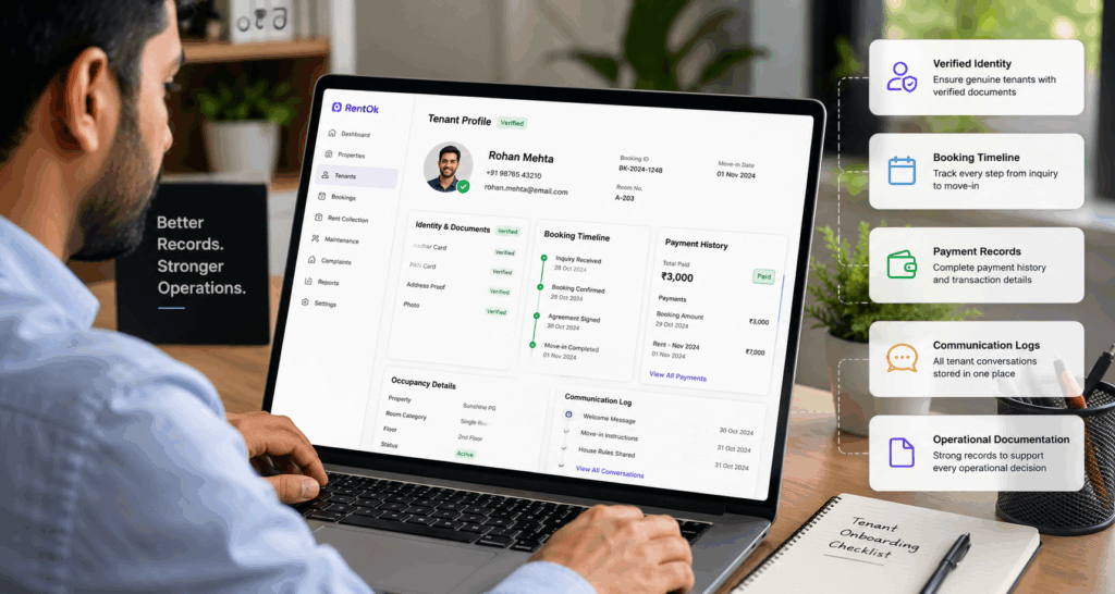 Tenant Dispute, How a Simple Tenant Dispute Froze a PG Owner’s Bank Account, Rentok Digital tenant verification dashboard showing tenant identity records, payment history, booking timelines, and occupancy tracking for PG and rental property management.