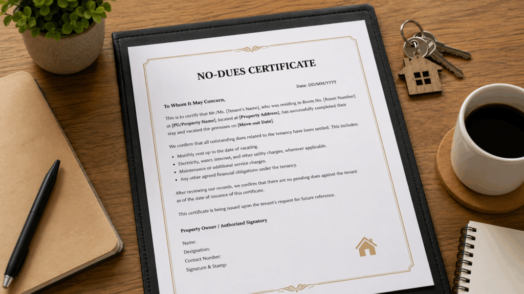 Sample no-dues certificate format for PG tenants showing a professional tenant clearance document with rent, utility, and maintenance dues settled before move-out.