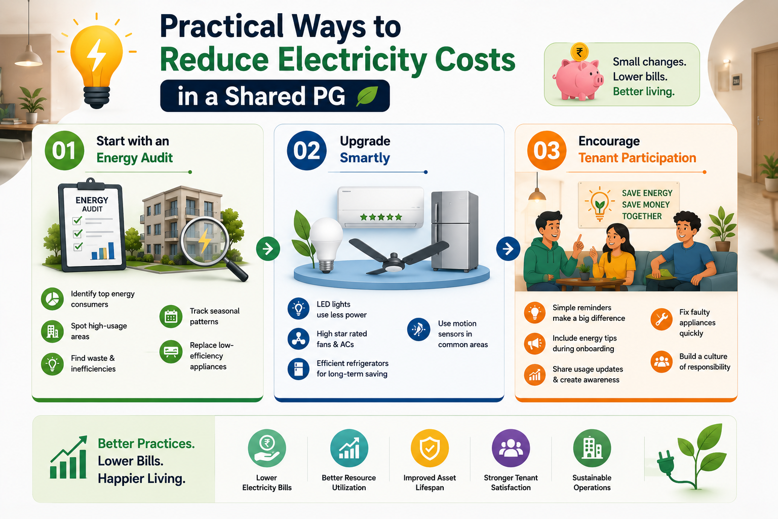 Shared PG electricity saving infographic featuring energy audits, efficient appliances, and tenant participation.