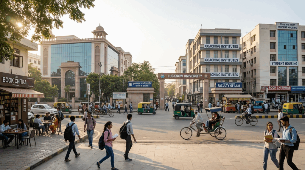 Students and young professionals walking through a modern Lucknow commercial district, reflecting the city's growing demand for PG accommodation.