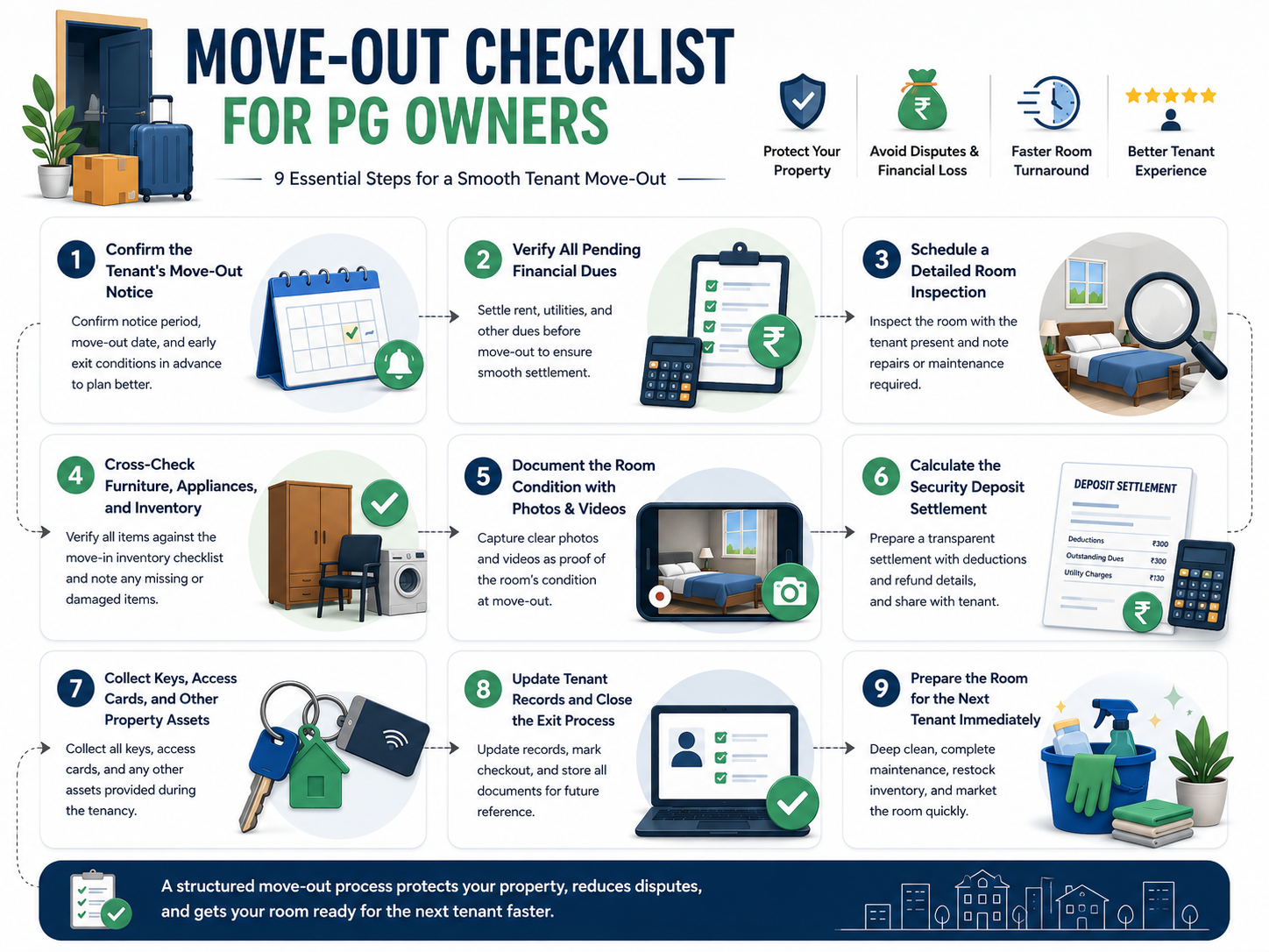 Move-Out Checklist, Move-Out Checklist for PG Owners: What to Do When a Tenant Leaves, Rentok Move-Out Checklist for PG Owners infographic showing nine essential steps for tenant move-out, including notice confirmation, room inspection, security deposit settlement, inventory check, record updates, and room preparation for faster turnover and fewer disputes.