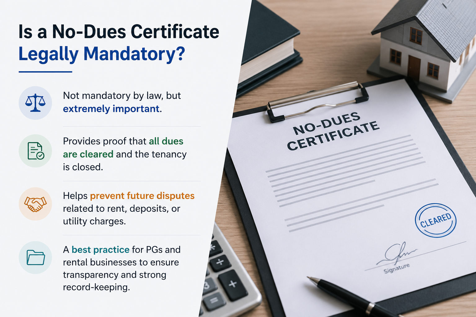 Professional property manager reviewing tenant move-out documents and rental records, representing the legal importance of a No-Dues Certificate for PGs, hostels, and co-living spaces to ensure transparent tenant exits and proper documentation.