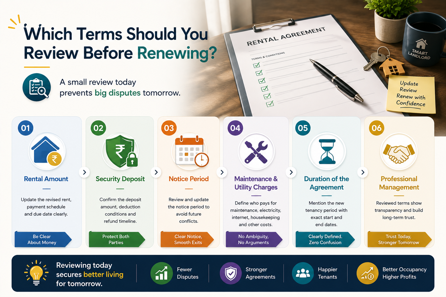 Rental agreement renewal checklist infographic covering rent, deposit, notice period, maintenance charegs, and tenancy duration.