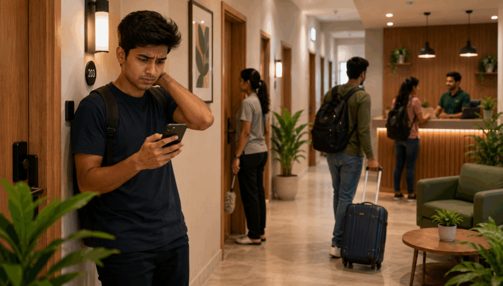 WhatsApp Message Templates, 5 WhatsApp Message Templates Every PG Owner Should Save, Rentok Tenant checking WhatsApp messages in a modern PG corridor while property staff assist residents, highlighting the importance of standardized tenant communication and avoiding common communication mistakes