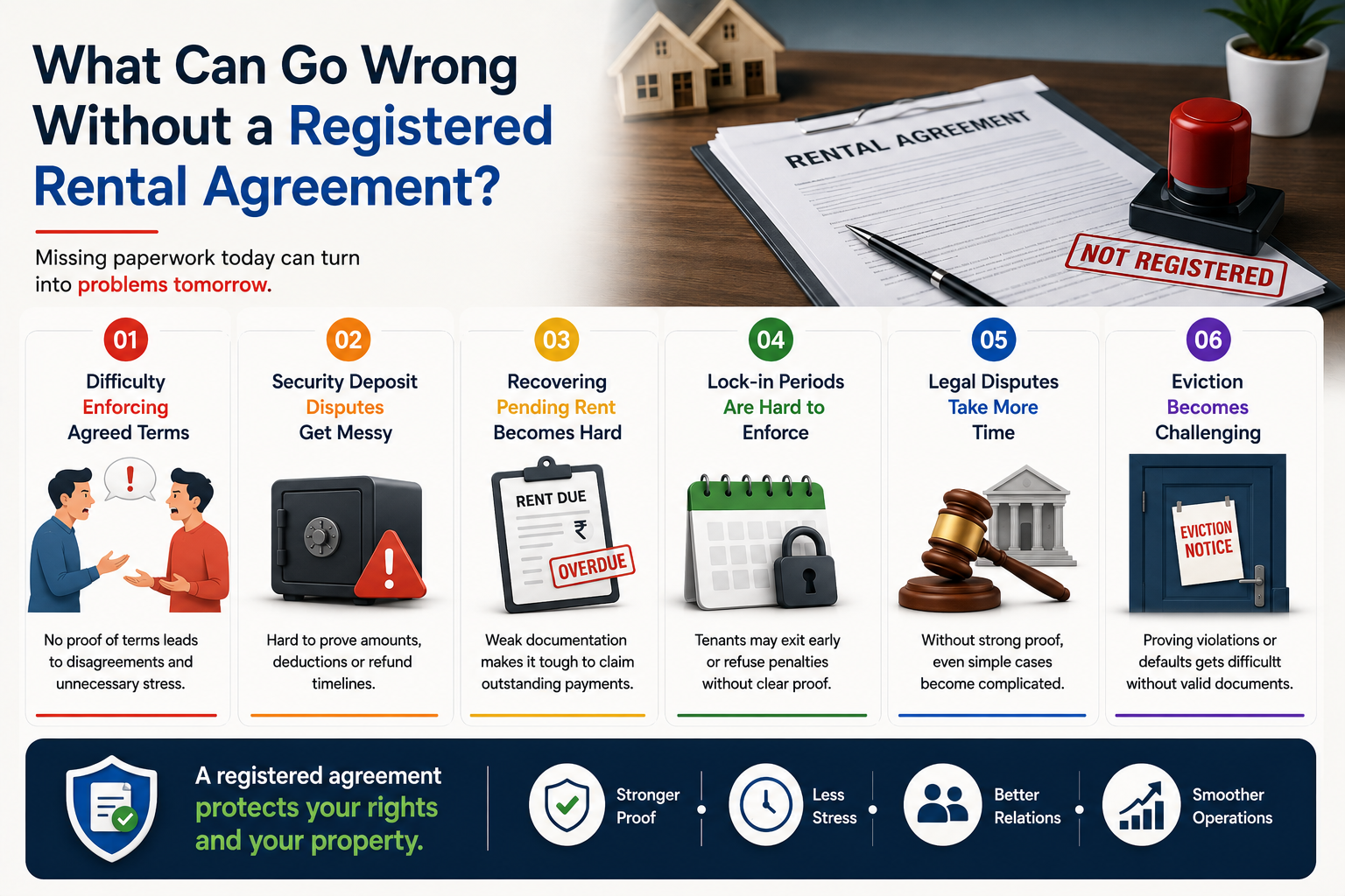 PG Rental Agreement, What Happens If You Don’t Register Your PG Rental Agreement?, Rentok Registered rental agreement infographic explaining why proper rental documentation is essential for PG owners and landlords, covering legal protection, rent recovery, security deposit disputes, tenant lock-in enforcement, and eviction procedures.