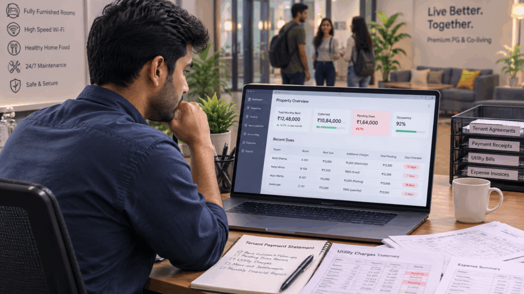 Revenue Leaks, What Revenue Leaks Look Like in Rental Businesses, Rentok Property manager reviewing rental revenue, pending dues, occupancy, and expenses on a property management dashboard to identify revenue leaks.