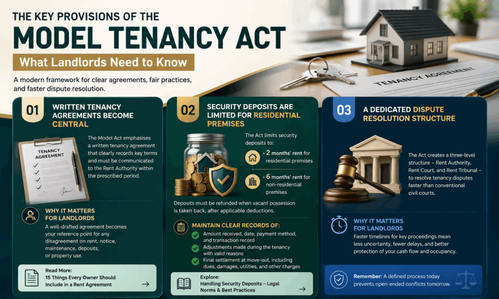 Model Tenancy Act, What is the Model Tenancy Act and How Does It Protect Landlords?, Rentok Model Tenancy Act infographic highlighting tenancy agreements, security deposit limits, and landlord dispute resolution rules.