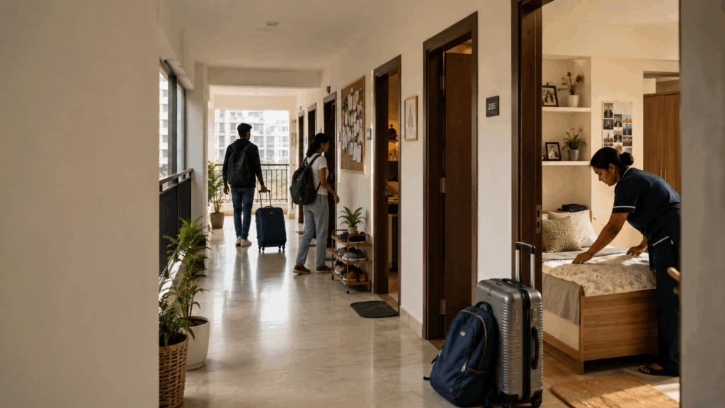 High-Growth PGs Maintain Occupancy, How High-Growth PGs Maintain Occupancy Year-Round, Rentok Modern PG corridor showing tenant move-in and move-out activity, illustrating fluctuating PG occupancy and student housing turnover.