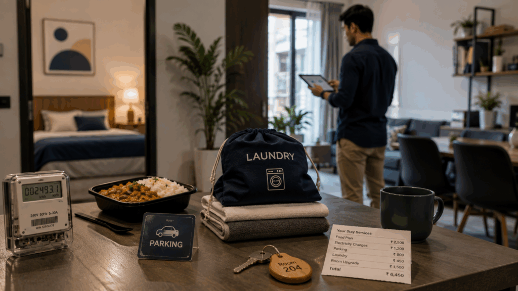 Revenue Leaks, What Revenue Leaks Look Like in Rental Businesses, Rentok Modern co-living apartment showing multiple rental revenue streams including electricity, food, parking, laundry, and room upgrades.