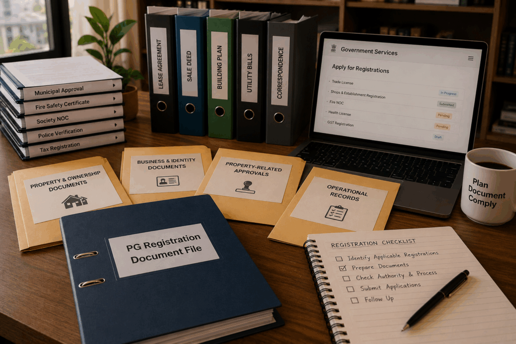 Start a PG Business Legally, How to Start a PG Business Legally in India: Step-by-Step Guide, Rentok PG business registration process in India showing organized property documents, approvals, lease records, and registration checklist for legally setting up a PG.