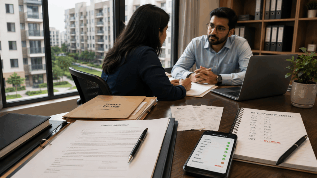Legally Evict a Non-Paying Tenant, How to Legally Evict a Non-Paying Tenant in India, Rentok Indian landlord and tenant reviewing a tenancy agreement, rent payment records, and tenant documents during a rental dispute over unpaid rent.