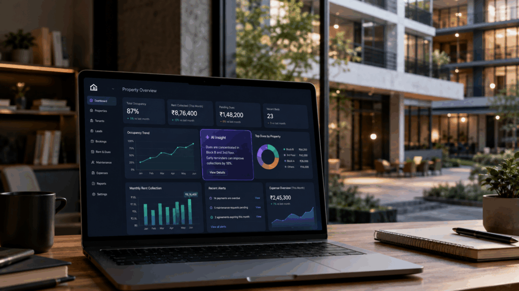 AI, What AI Can Actually Do for Your PG Business Today, Rentok AI-powered PG management dashboard showing property occupancy, rent collection, pending dues, maintenance, expenses, and performance insights on a laptop in a modern co-living space.