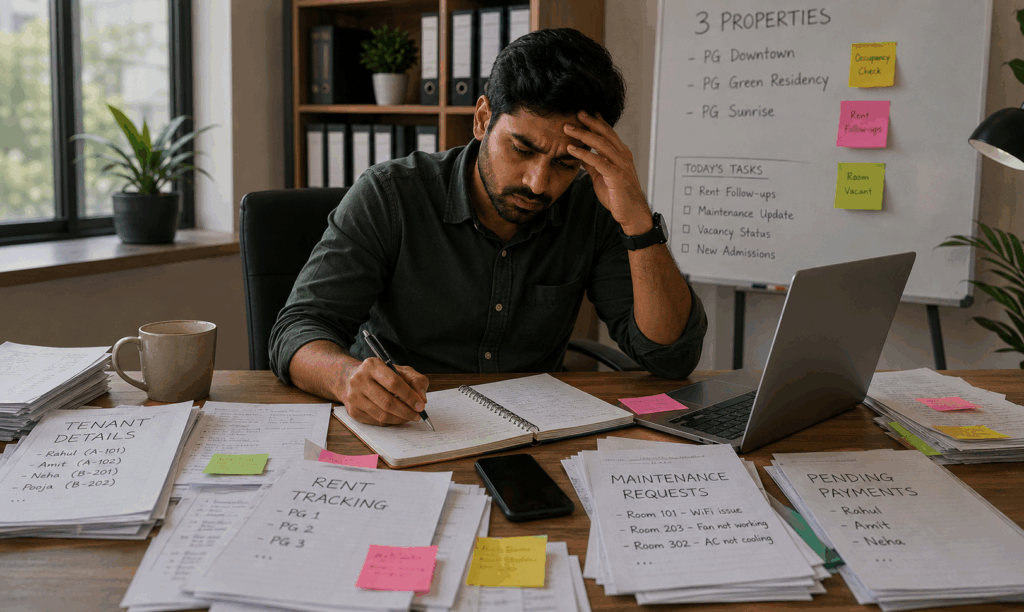 Property manager struggling to manage multiple rental properties with manual tenant records, rent tracking, maintenance requests, and pending payments on a cluttered desk.