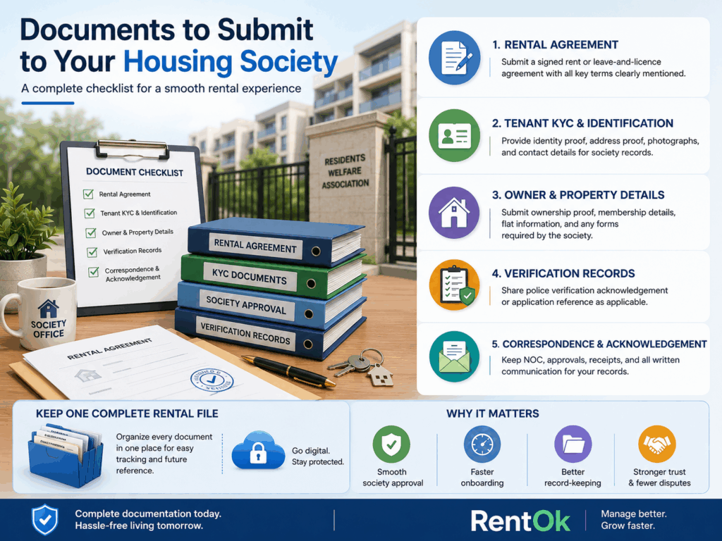 Society Permission, How to Get Society Permission Before Renting Out Your Flat, Rentok Housing society rental permission document checklist showing rental agreement, tenant KYC, property details, verification records, and society correspondence.