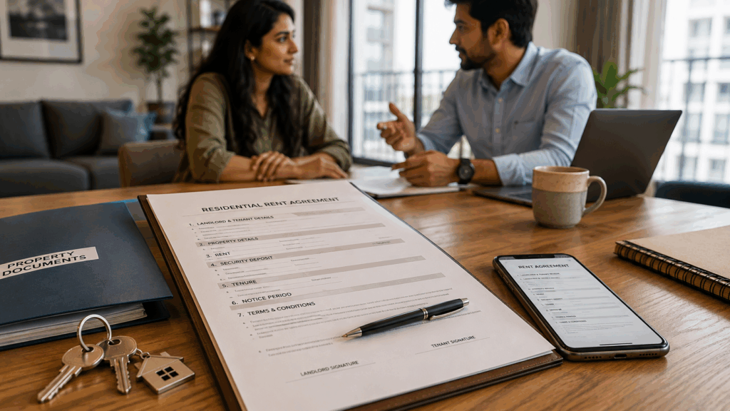 Legally Valid Rent Agreement, How to Create a Legally Valid Rent Agreement in India, Rentok Indian tenant and property representative reviewing a residential rent agreement with rent, security deposit, tenure, and terms and conditions on a document.