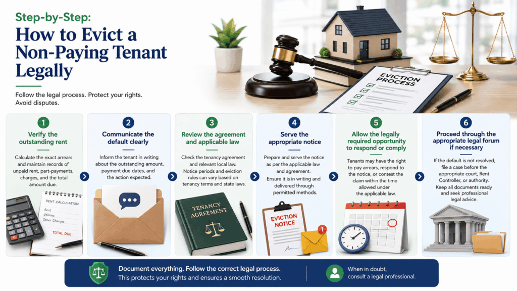 Legally Evict a Non-Paying Tenant, How to Legally Evict a Non-Paying Tenant in India, Rentok Step-by-step legal eviction process for a non-paying tenant in India, covering rent verification, notice, tenancy law, tenant response, and court proceedings.