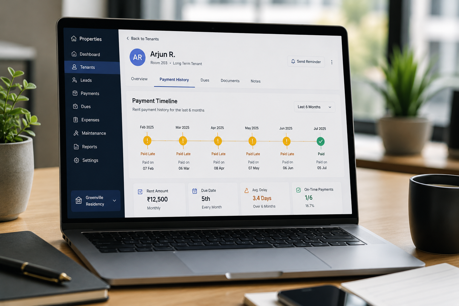 Tenants Who Pay Late, How to Deal with Tenants Who Pay Late Every Single Month, Rentok Property management dashboard displaying a tenant's recurring late rent payment history and monthly payment timeline for chronic late rent tracking in a PG or rental property.
