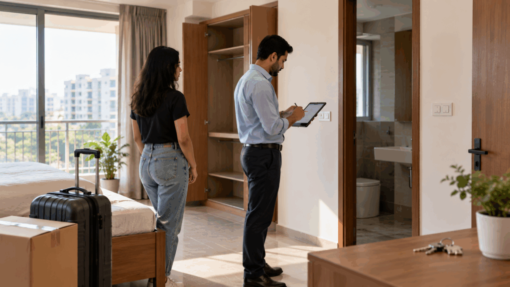 Property manager conducting a final move-out inspection with a tenant in a modern apartment, documenting property condition for security deposit settlement.