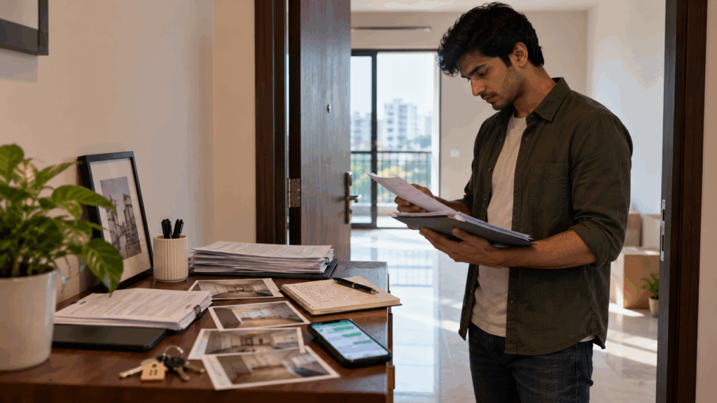 Young tenant reviewing rental dispute documents, payment records, and property photographs while preparing a rental complaint in India.