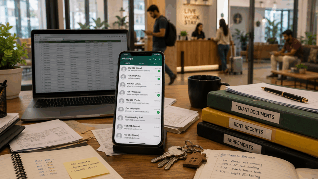 Property Management App, Why Landlords Need a Property Management App in 2025, Rentok Modern property management workspace showing WhatsApp tenant messages, rent records, maintenance requests, and documents being managed for a rental property.