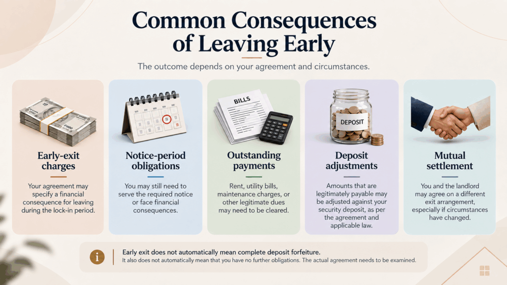 Break Rent Agreement, What Happens If You Break Your Rent Agreement Before the Lock-In Period?, Rentok Infographic showing common consequences of breaking a rent agreement early, including charges, notice period, payments, deposit adjustments, and mutual settlement.