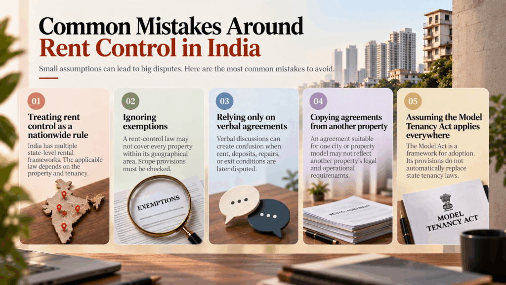 Rent Control Law in India, What Is Rent Control Law in India, and Which Cities Are Still Covered?, Rentok Infographic highlighting five common mistakes around rent control law in India, including nationwide assumptions, exemptions, verbal agreements, copied rental contracts, and misunderstanding the Model Tenancy Act.