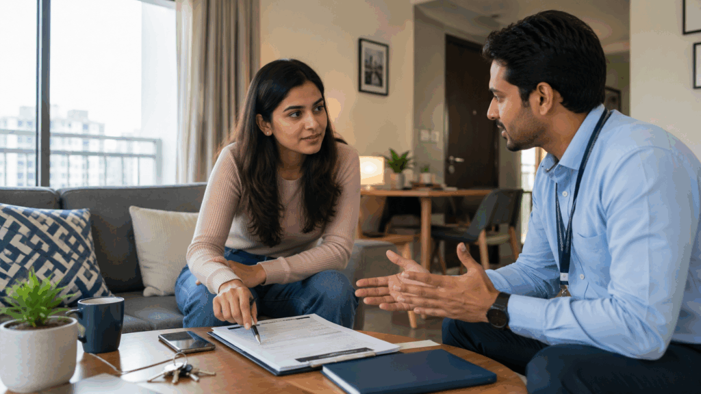 Rights as a Tenant Under the Model Tenancy Act, What Are Your Rights as a Tenant Under the Model Tenancy Act?, Rentok Indian tenant discussing rental rights and tenancy terms with a housing advisor in a modern apartment.