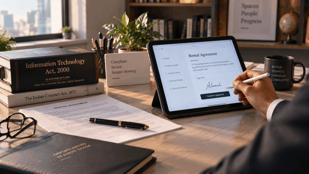 Digital Rent Agreement, Why a Digital Rent Agreement Is Just as Legally Valid as a Paper One, Rentok Digital rent agreement being signed on a tablet beside a paper rental agreement and legal books, illustrating the legal validity of online rent agreements in India.