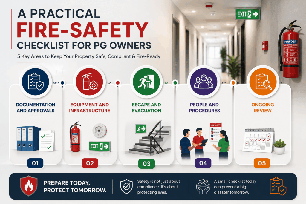 Fire safety checklist for PG owners covering documentation, firefighting equipment, emergency evacuation, staff procedures, and ongoing property safety reviews.