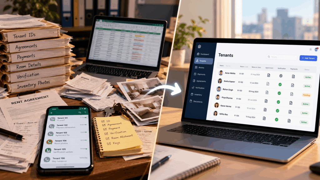 Handing Over My Rental Property, What Documents Do I Actually Need Before Handing Over My Rental Property?, Rentok Manual tenant records compared with digital property management, showing scattered documents, payments, verification records, inventory photos, and centralized tenant information.