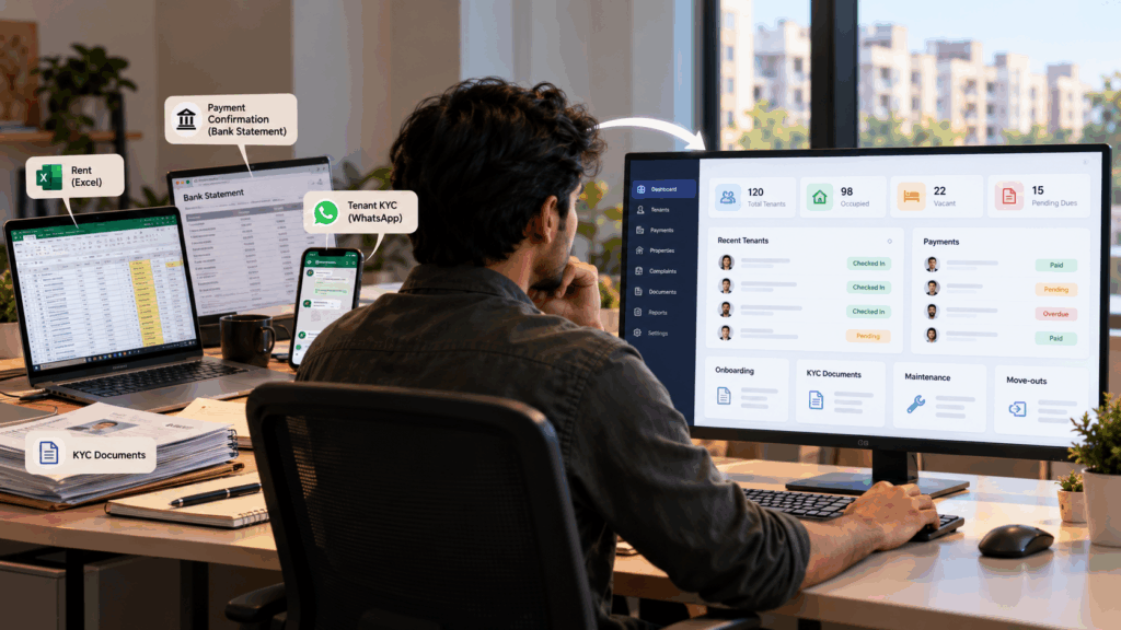 US Apps, Are US Apps Like Buildium or TurboTenant Usable for Indian Landlords?, Rentok Property management software dashboard showing centralized tenant, payment, KYC, and property records replacing manual spreadsheets and paperwork.