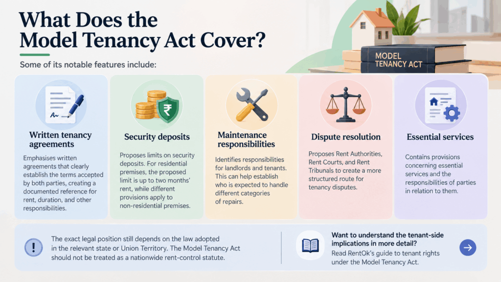 Rent Control Law in India, What Is Rent Control Law in India, and Which Cities Are Still Covered?, Rentok Infographic explaining the Model Tenancy Act’s key features, including written tenancy agreements, security deposit limits, maintenance duties, dispute resolution, and essential services.
