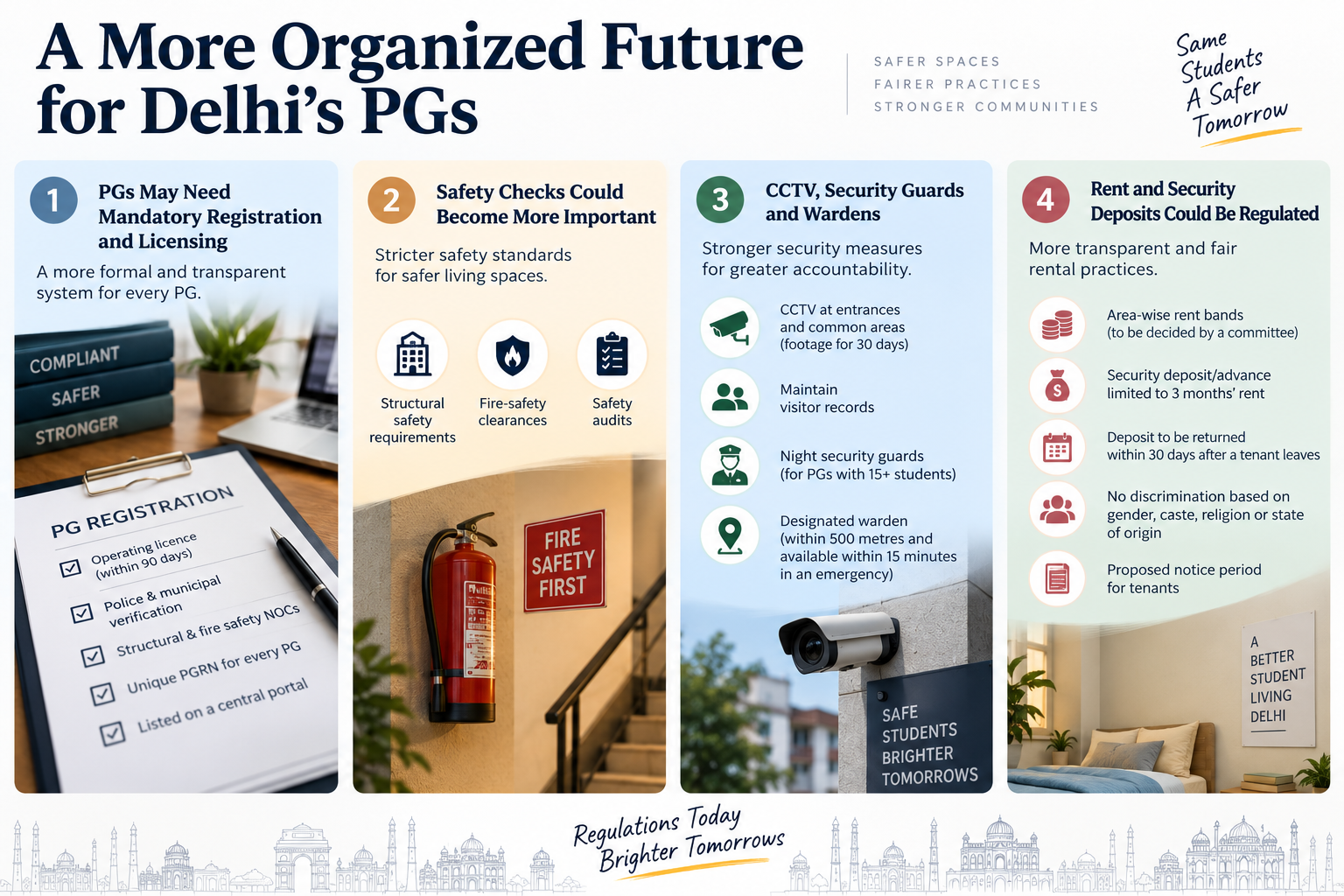 Proposed Delhi PG regulations covering mandatory registration, safety checks, CCTV and security, and rent and security deposit rules for paying guest accommodations.