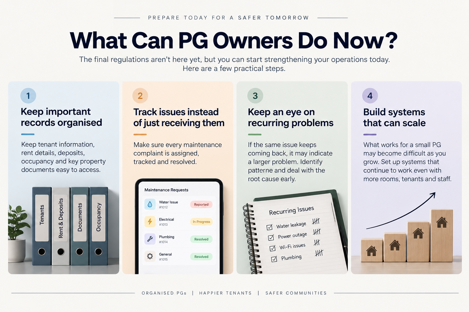 Infographic showing four practical steps for PG owners: organising records, tracking maintenance issues, identifying recurring problems, and building scalable property management systems.