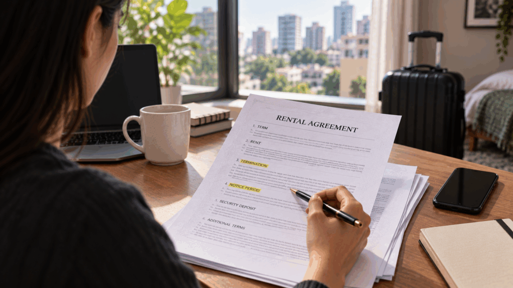 Young tenant reviewing a rental agreement and notice period at home before moving out, with highlighted termination clauses, laptop, phone, and suitcase in the background.