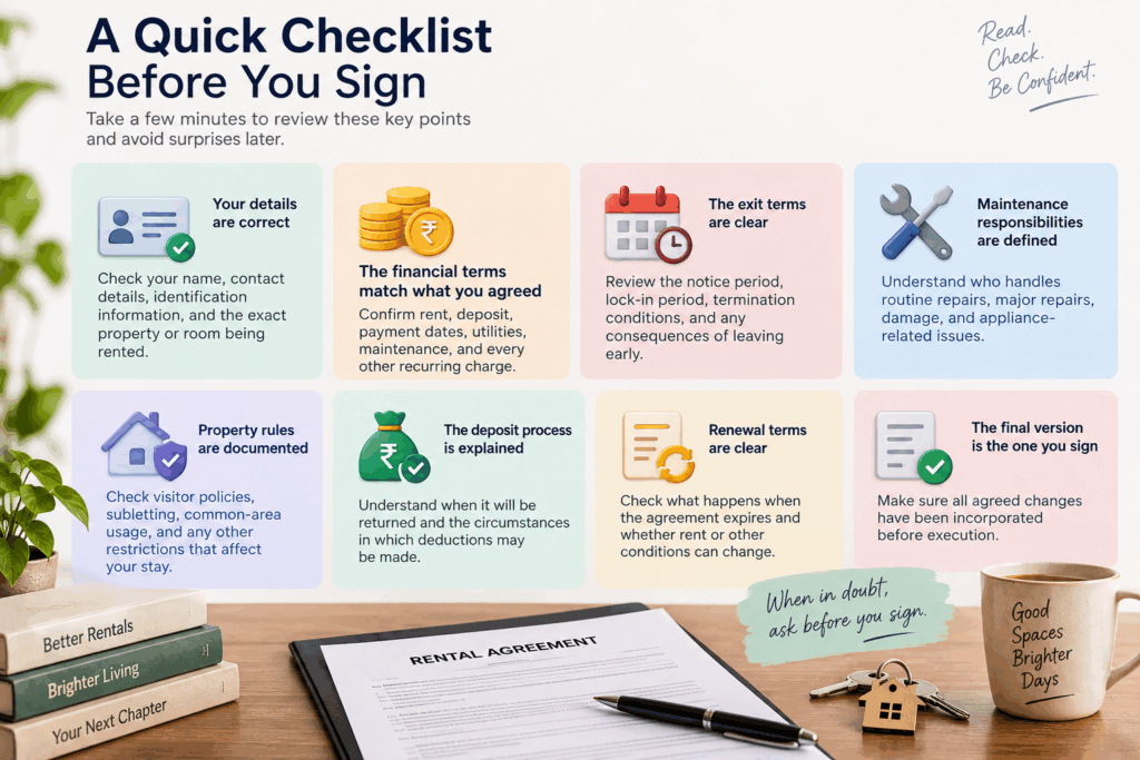 Read a Rent Agreement Before Signing, How to Read a Rent Agreement Before Signing: What to Watch Out For, Rentok Rent agreement signing checklist highlighting tenant details, financial terms, exit conditions, maintenance, deposit, property rules, and renewal terms.