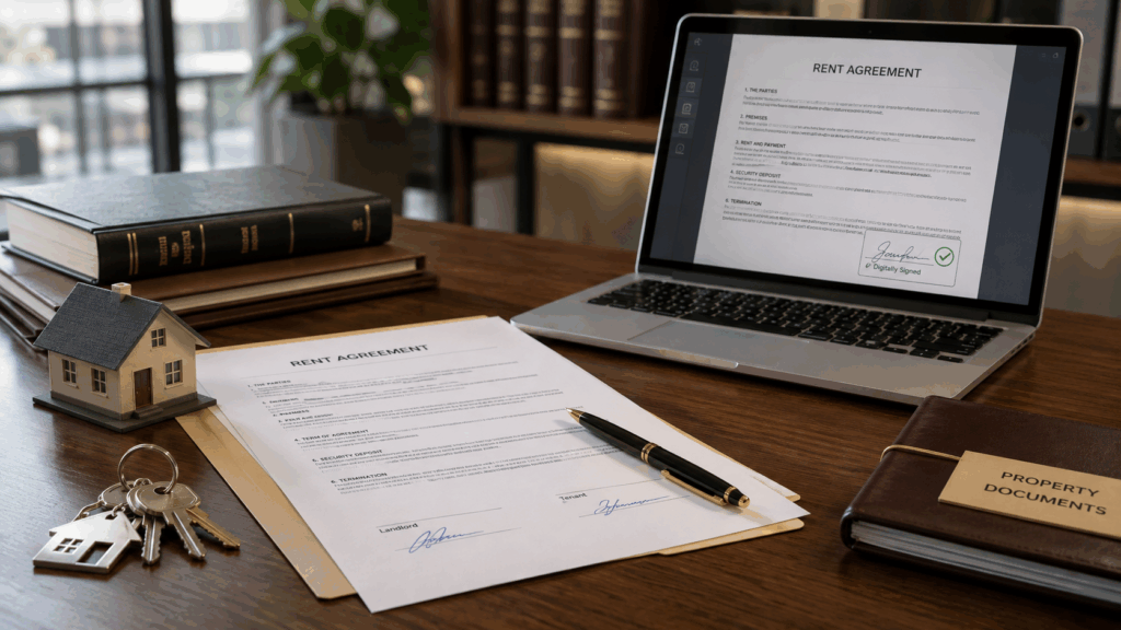Digital Signatures on Rent Agreements, How to Use Digital Signatures on Rent Agreements Legally in India, Rentok Digital rent agreement with electronic signature on laptop alongside rental documents and property keys in India.
