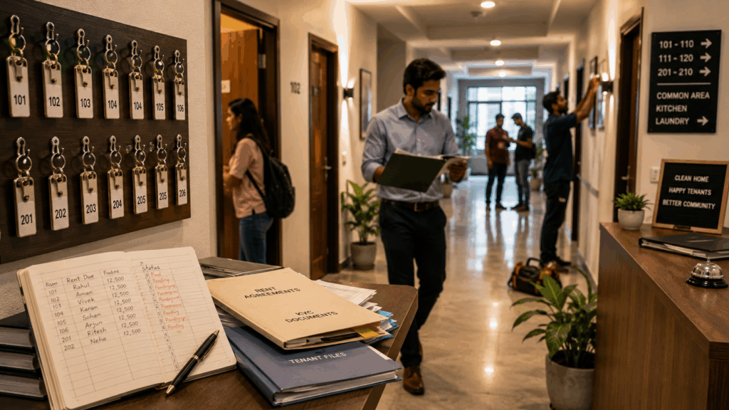 Property Management App, Why Landlords Need a Property Management App in 2025, Rentok Landlord managing multiple rental properties with tenant records, rent payments, documents, and property operations in a busy apartment hallway.