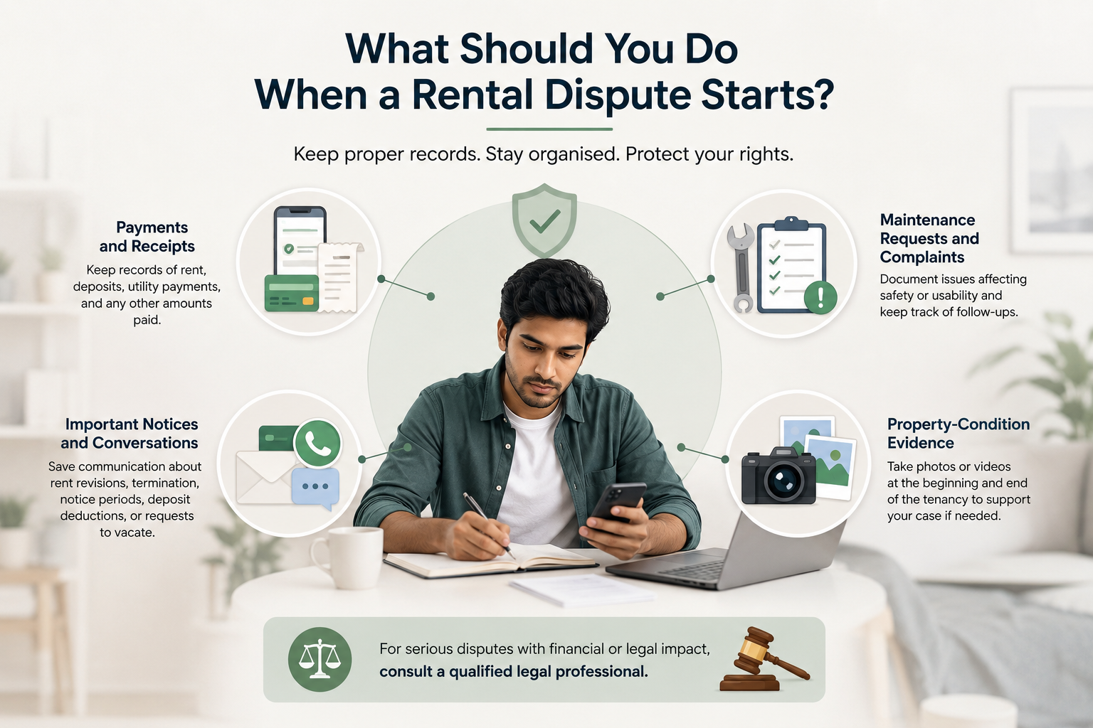 Rights as a Tenant Under the Model Tenancy Act, What Are Your Rights as a Tenant Under the Model Tenancy Act?, Rentok Infographic showing key steps tenants should take when a rental dispute starts, including payments, maintenance, notices and property evidence.