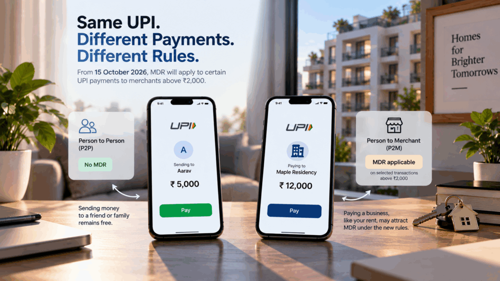 MDR on Rent Payments, What Is MDR on Rent Payments, and What Changes for Owners From October 15?, Rentok UPI MDR charges explained through P2P and P2M rent payments, highlighting the October 15, 2026 changes for merchant transactions above ₹2,000.