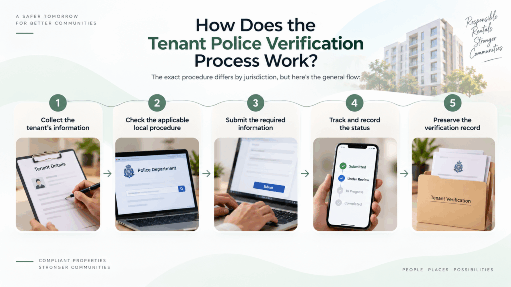 Tenant police verification process in India showing five steps from collecting tenant details to submitting, tracking, and preserving verification records.