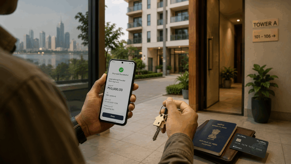 TDS on Rent Paid to NRI Landlords, What is TDS on Rent Paid to NRI Landlords? A Guide for Tenants, Rentok Tenant making an international rent payment to an NRI landlord for an Indian rental property, highlighting TDS and remittance compliance.