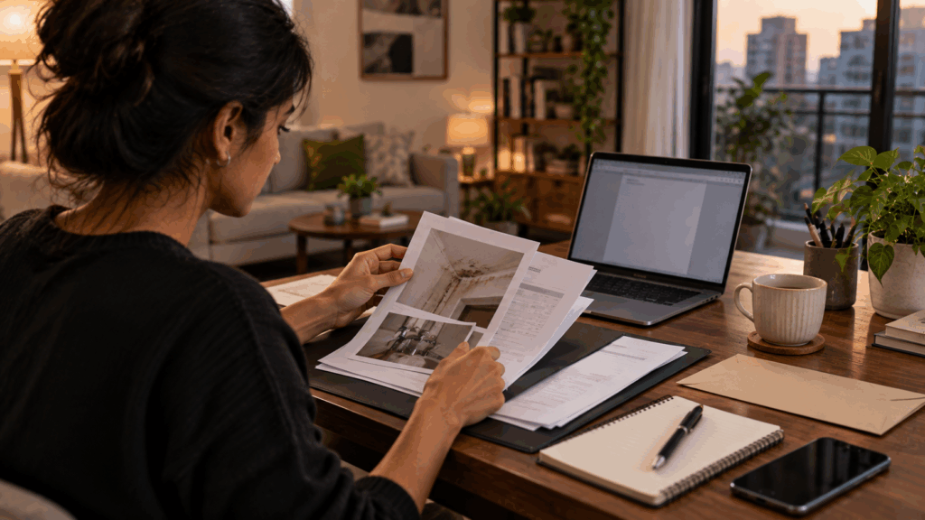 Tenant preparing a legal notice for an unresolved rental maintenance dispute using repair records and photographs.