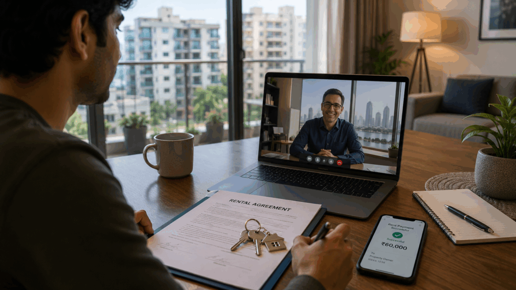TDS on Rent Paid to NRI Landlords, What is TDS on Rent Paid to NRI Landlords? A Guide for Tenants, Rentok Tenant paying rent to an NRI landlord with rental agreement and payment records, illustrating TDS on rent paid to NRI landlords in India.