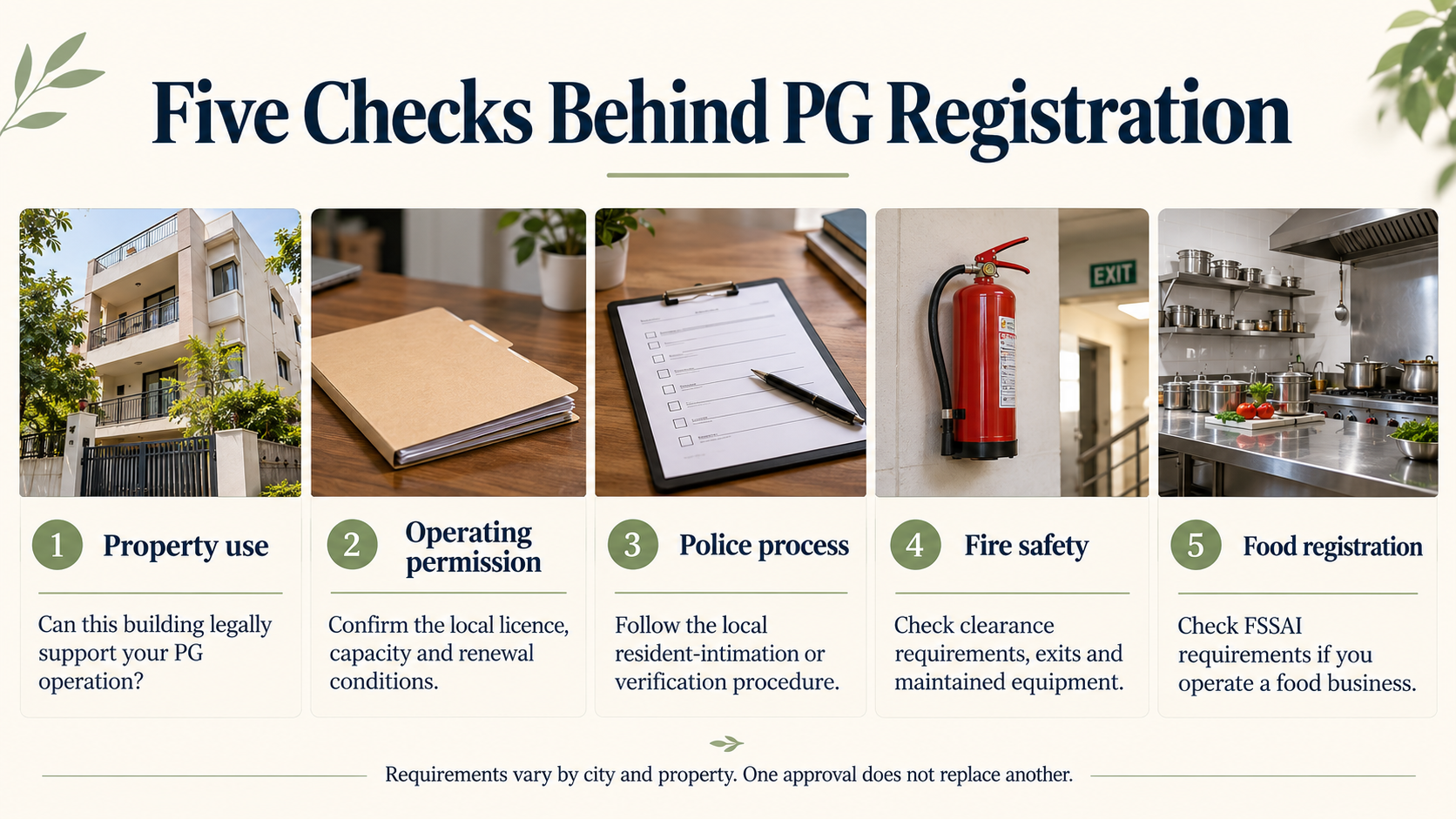 PG registration infographic explaining property use, operating permission, tenant police verification, fire safety and FSSAI requirements.
