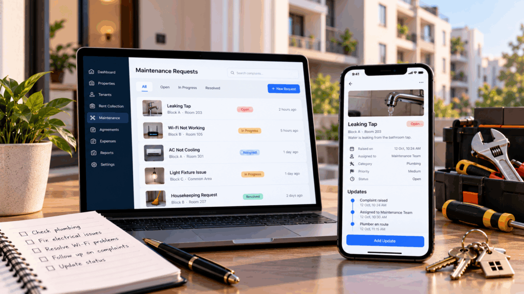 Landlord app showing maintenance requests, complaint tracking, issue status, assignments, and resolution updates on laptop and smartphone.